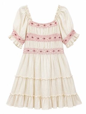 Ivy City Co. Liesl Dress Cream Pink Embroidered Smocked Puff Sleeve XL